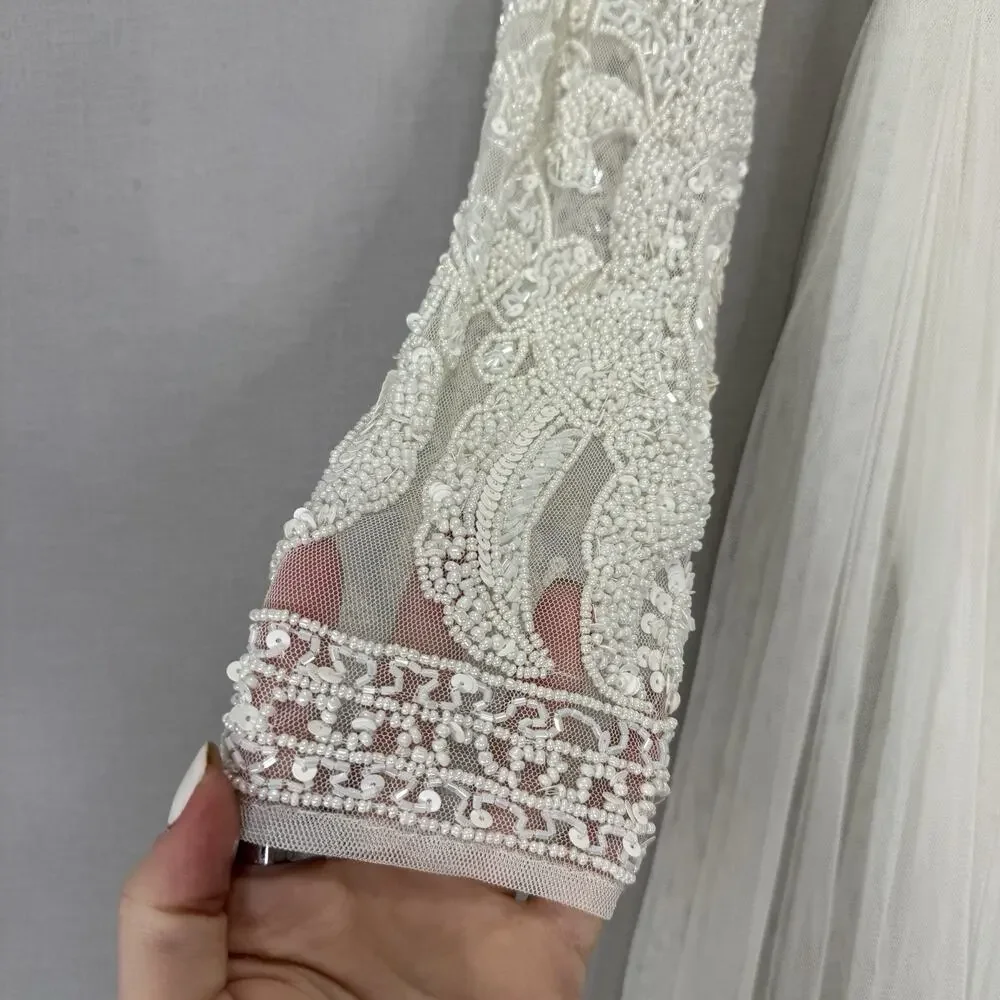ASOS Bridal Elizabeth Long Sleeve Wedding Dress Womens 8 White Beaded Tulle Gown - Picture 2 of 14